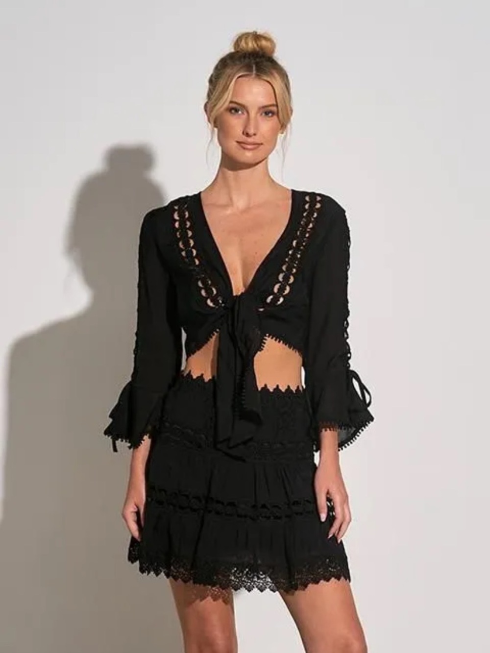 Black Crochet Tie-Front Crop Shirt bathing suit top cover